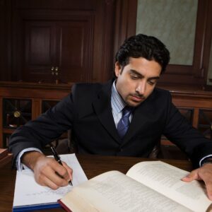 man studying law book