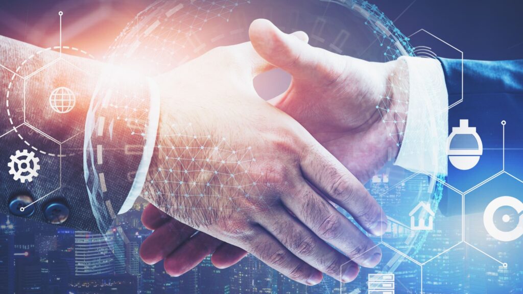 two men shaking hands with a business overlay