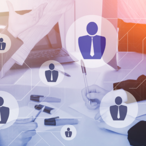 two corporate men working with an overlay of a business structure