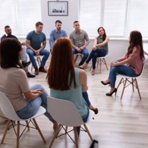 a group of people listening to a person speaking