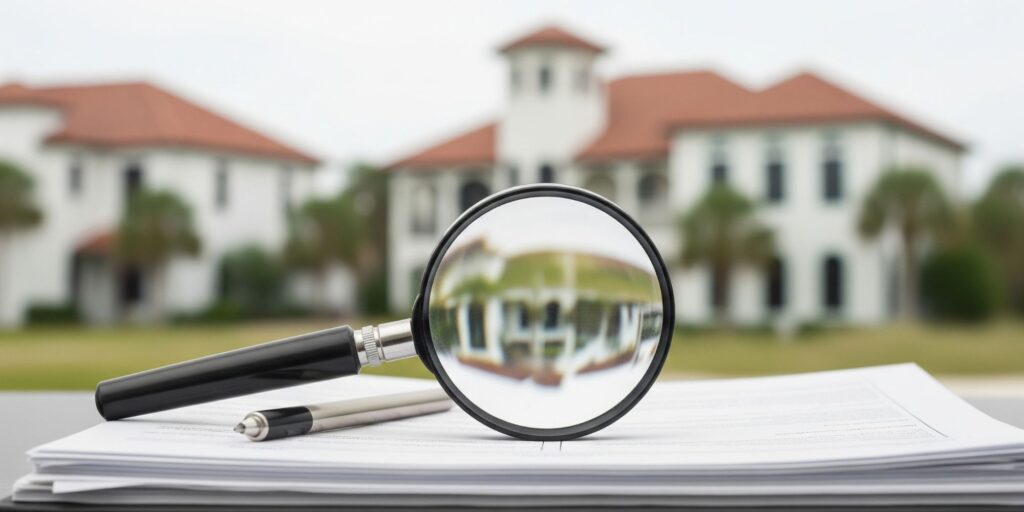 Magnifying glass over real estate documents with Destin, Florida architecture in background.