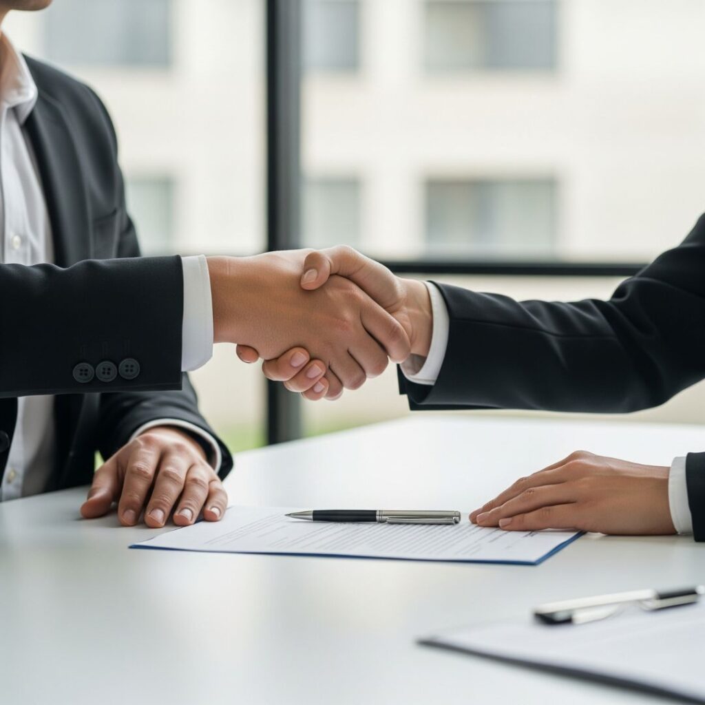 Handshake between two businesspeople and a signed contract, representing commercial lease agreements.