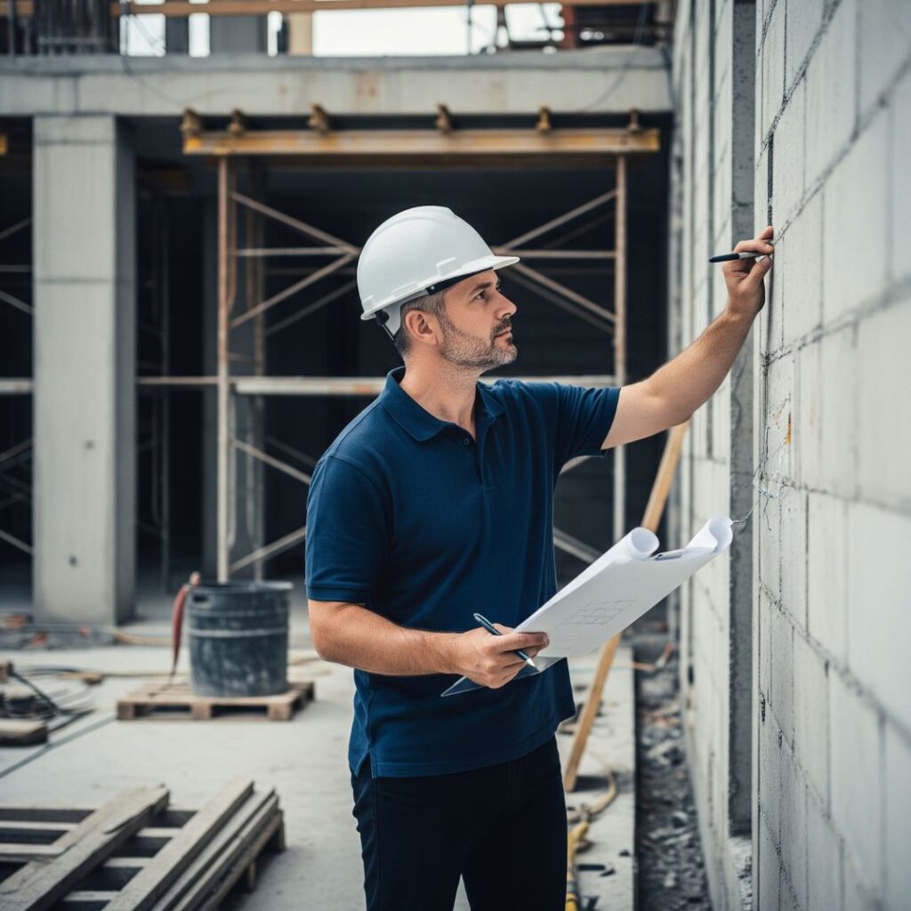 Architect inspecting a building structure with blueprints, symbolizing construction defect resolution.