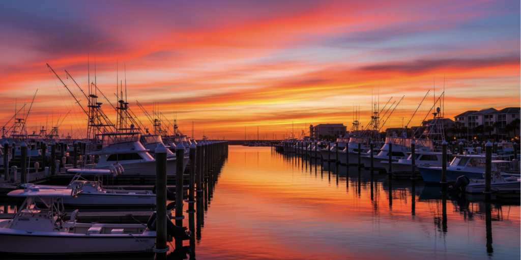 The sun setting over the Destin, Florida harbor, a prime location for waterfront property development.