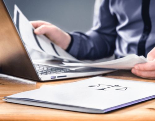 A person reviewing legal documents next to a laptop.