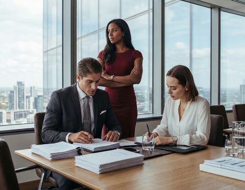 Legal team reviewing stacks of documents in a skyscraper office