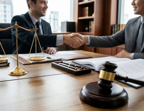 Two lawyers shaking hands over a gavel and scales