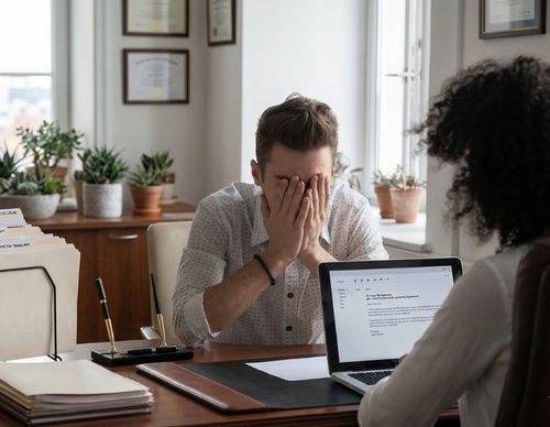 Stressed man covering his face during an office meeting.