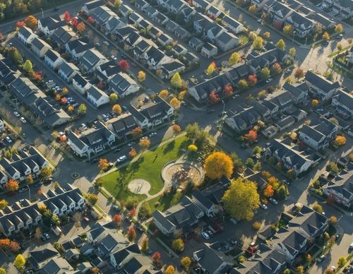 Aerial view of a dense suburban housing development.