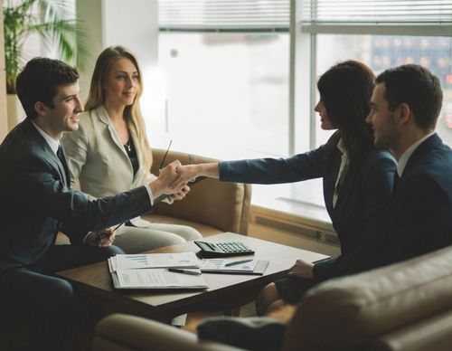 Business partners shaking hands over a meeting table.