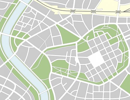 Simplified graphic city map with green spaces and river.