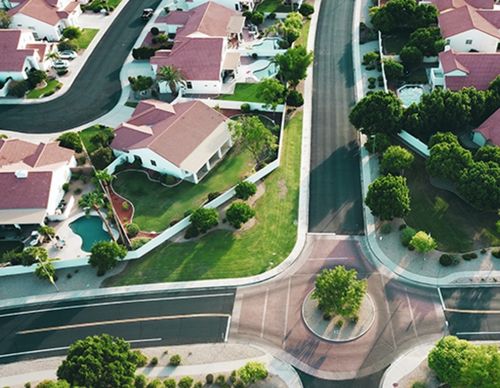 High-angle view of a residential cul-de-sac and houses.