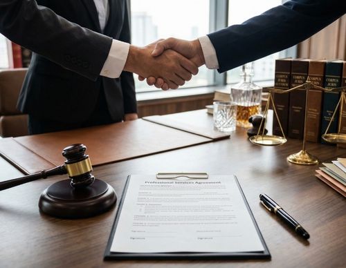 Lawyers shaking hands over a professional services agreement.