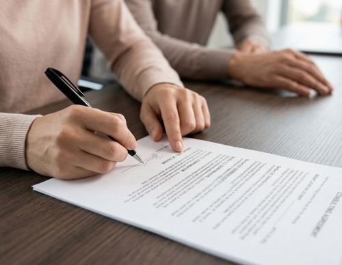 Close-up of a person signing a legal consulting agreement.