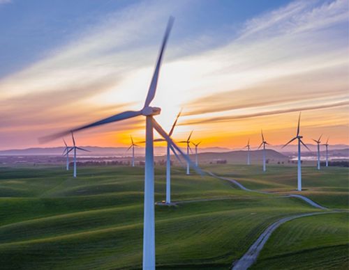 Wind turbines on green hills at sunset.