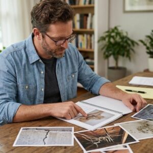 Property investor reviewing foundation crack and structural defect photos to assess risk during a Florida real estate contract review.