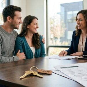 A happy young couple closing on a Florida home purchase with an attorney, featuring house keys on a wooden conference table.