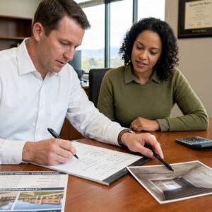 Destin real estate lawyer pointing out structural damage details on a photo during a custom contract review with a client.