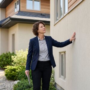 Real estate investor carefully inspecting the exterior structure of a property during a walk-through.
