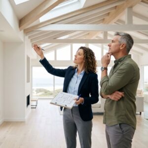 Investors reviewing the interior details of a newly flipped modern home.