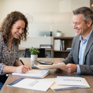 a person confidently signing mortgage documents for a home sale