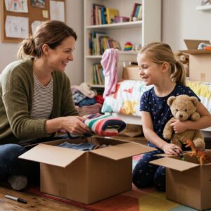 A mother and daughter packing boxes in a sunlit living room during an out-of-state move.