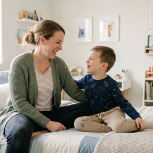 a mother and son laughing together in the child's bedroom