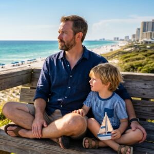 a man and child sitting on a bench looking at the ocean