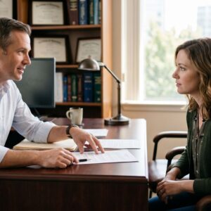 A defense attorney providing advice to a client in a law office