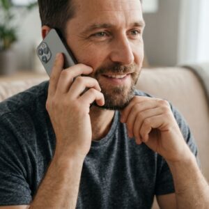 man smiling in his living room while making a phone call to seek trusted legal advice.