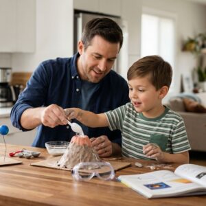 A father actively involved in his son's education, helping with homework in a bright kitchen.
