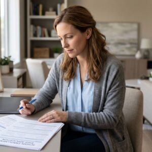 A mother reviewing official medical and school documents, representing major parenting decisions.