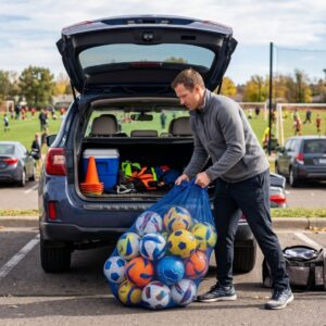 a father loads up soccer balls in an SUV from soccer practice