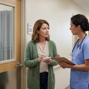 A worried woman speaking with a medical professional while taking notes, highlighting the need for legal healthcare proxies in Florida.