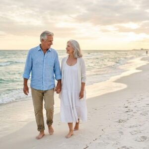 An elderly retired couple walking hand-in-hand along a Destin beach, representing long-term estate planning and senior legal protections.