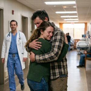 Two adult children embracing in a hospital hallway, unified and relieved after a medical decision.