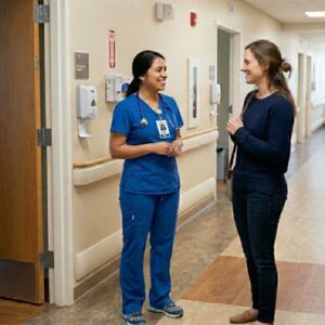 A nurse discussing medical care options with a family member in a hospital hallway, emphasizing the importance of an advance healthcare directive.