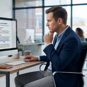 A business owner reviewing a commercial lease agreement on a desktop computer.