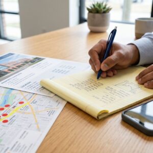 a business owner drafting questions and notes next to a commercial property listing sheet.