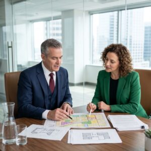 A business owner meeting with a real estate attorney to review commercial property documents.