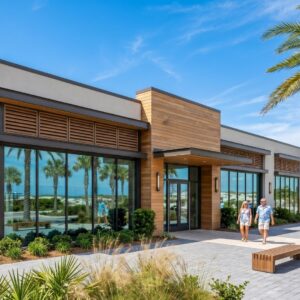 A sleek, modern commercial retail building on the Emerald Coast.