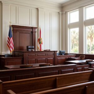 An empty, dignified Florida probate court chamber.