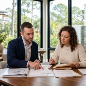 Siblings reviewing family estate documents in a bright, modern coastal home.