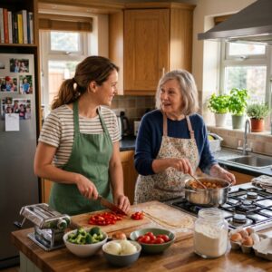 A younger and older woman, both wearing aprons, cook together in a warm, wood-cabinet kitchen, smiling and talking as one stirs a pot and the other chops vegetables.