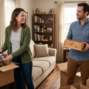 A couple happily unpacks cardboard boxes in their living room, sharing a smile as the woman places a framed photo into a box.