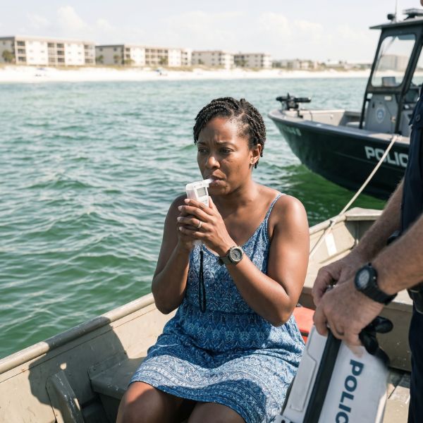 woman on boat taking breathalyzer